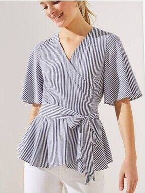 LOFT  Peplum Wrap Top  Classic Preppy Blue White Stripe Flutter Sleeve Sz Small